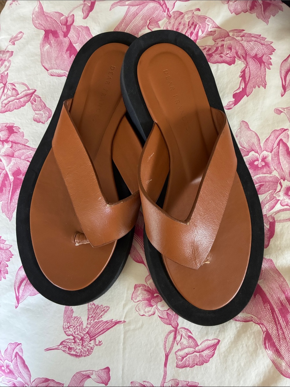 Dear Frances Tan Leather Thong Sandals with Black Sole
